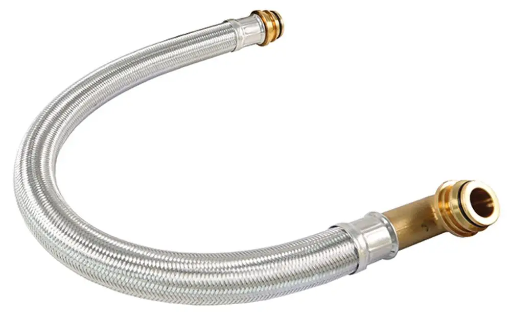 Metallischer, flexibler Panzerschlauch mit zwei Anschlüssen, hergestellt von Syr, geeignet für technische Anwendungen.